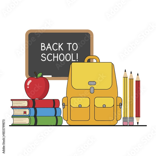 Back to school supplies with books, backpack, pencils, and apple on white background.