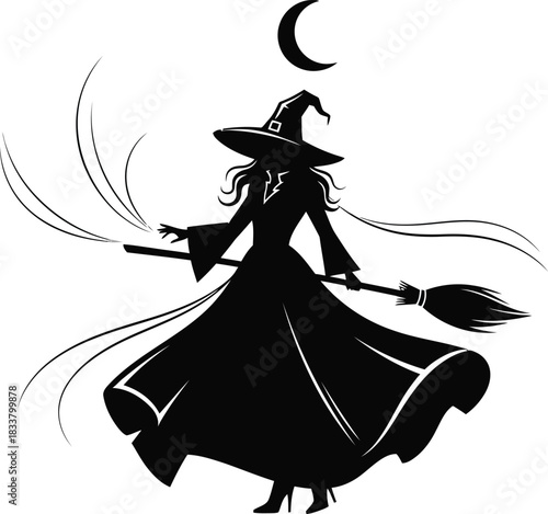 Silhouette of a mystical witch flying with broomstick and crescent moon symbol in ethereal smoke for halloween isolated on white background