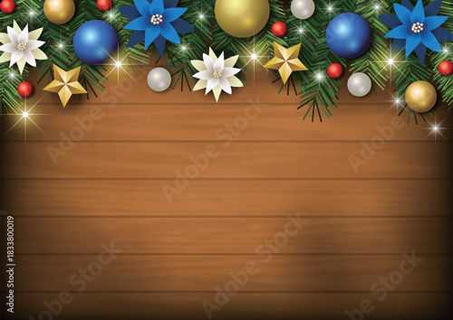 クリスマス背景、板、玉飾り、青、キラキラ、かわいい、イラスト、横