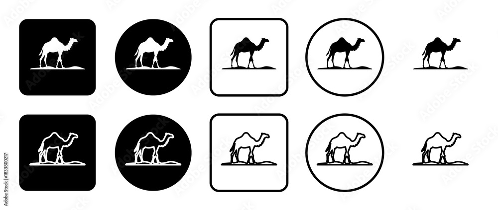 Obraz premium Icon set of wild camel symbol. Filled, outline, black and white icons set, flat style. Illustration on transparent background
