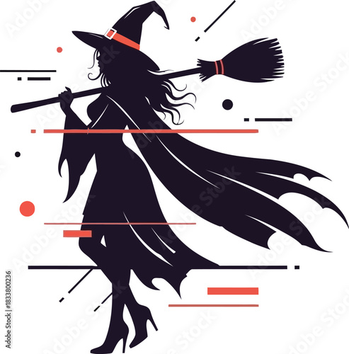 Mysterious witch silhouette holding broomstick with glitch art elements and cosmic vibes dynamic pose isolated on white background
