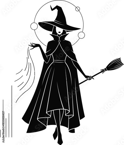 Mysterious witch with broomstick and hat elegant silhouette standing under a crescent moon ethereal fantasy art isolated on white background