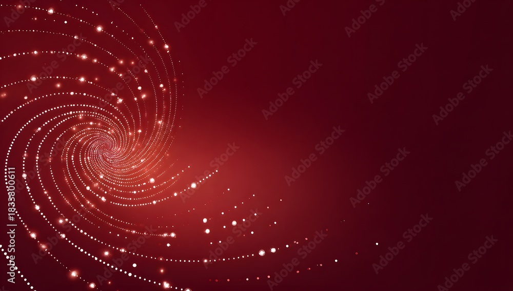 Obraz premium Abstract swirling vortex of luminous dots and lines creating a dynamic spiral effect on a deep red background with subtle gradients