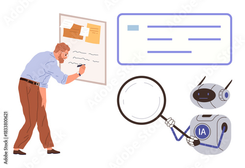 Man working on board writing notes, AI robots using magnifying glass representing analysis, innovation, and technology. Ideal for AI, teamwork, research, productivity, innovation machine learning