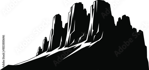Dramatic black and white illustration of rocky mountains and a winding path