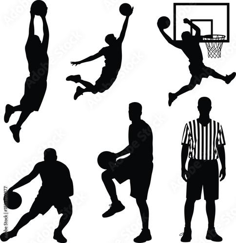 Collection of Black Silhouette Basketball Players in Action Poses including Dunking and Dribbling, with Referee Figure, Sports Vector Graphic Set for Competition and Game Design