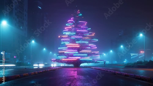 Futuristic Christmas tree with neon lights in urban night setting