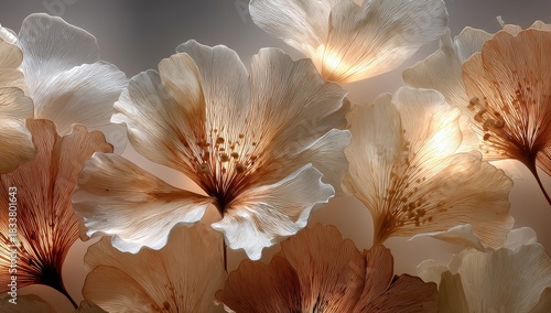 Delicate floral illustration featuring soft beige and cream petals with intricate details, creating a serene and elegant atmosphere for design and decoration purposes
