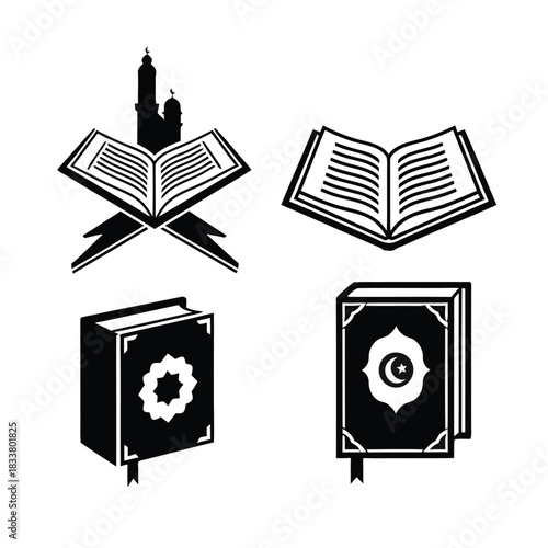 Four islamic books and quranic symbols silhouette