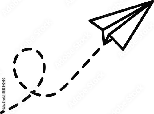 A simple black and white illustration of a paper airplane in flight