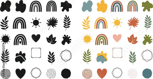 Boho aesthetic elements sun moon plants shapes in black and gold tones