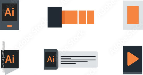 Collection of graphic design tools icons featuring adobe illustrator logo and media play button representing digital creative processes isolated on white background