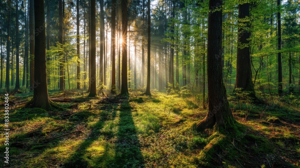 Naklejka premium Morning light breaks through tall trees in a vibrant forest creating a serene atmosphere with soft shadows on the ground. The greenery thrives in this peaceful natural space.