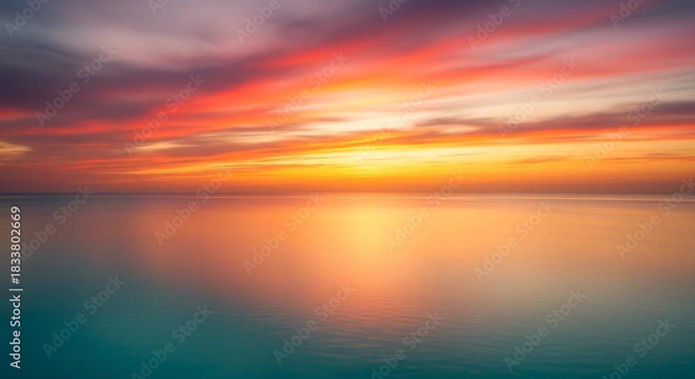 Obraz premium 広大な水平線に沈む太陽が空と海を燃えるような赤とオレンジに染め上げ穏やかな水面に鏡のように映る幻想的な色彩のグラデーションが広がる息をのむような絶景. AI Generated