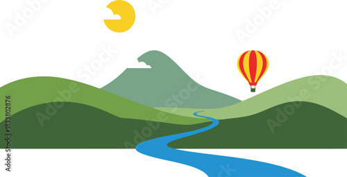 Peaceful landscape with rolling green hills a winding blue river and a hot air balloon under a sunny sky isolated on white background