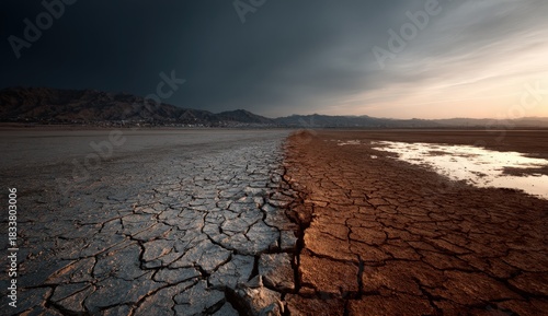 Dramatic landscape showcasing a stark contrast between dry cracked earth and a wet reflective surface under a moody sky, illustrating environmental change and natural beauty