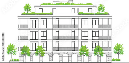 Detailed architectural drawing of a modern apartment building with balconies, arched ground floor, trees, and a green roof, depicting sustainable residential architecture