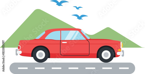 Classic red sedan driving on a scenic road through green hills with birds flying above in a stylized flat design for transportation and travel concepts isolated on white background