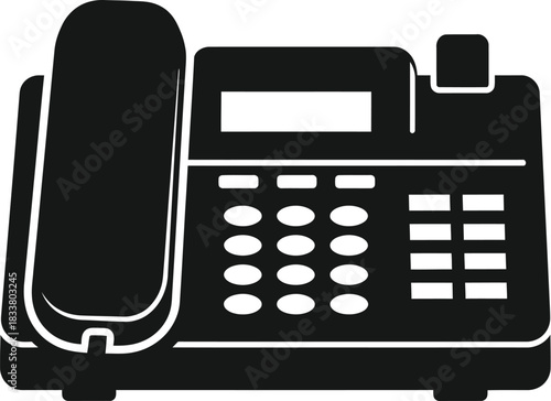 A simple black silhouette of a classic landline telephone on a white background