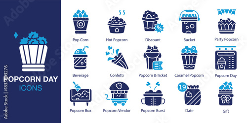 Popcorn Day Icon set. Containing kernel, butter, salty, crunchy, tasty and more. Solid vector icons collection. Vector illustration.