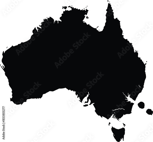 A simple black silhouette depicting the geographical shape of australia