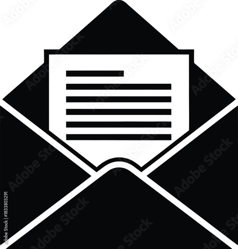A simple black and white illustration of an opened envelope with a letter