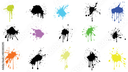 set of color full paint drops and splashes. Blotter spots, liquid paint drip drop splash and ink splatter.