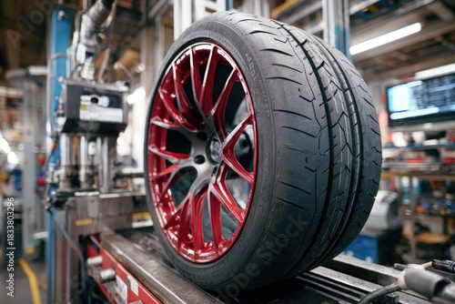 Close-up of a high-performance tire with a striking red rim, positioned on a machine in a busy automotive workshop, showcasing precision engineering and craftsmanship