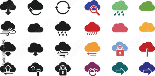 Collection of weather icons depicting clouds rain sun and various conditions