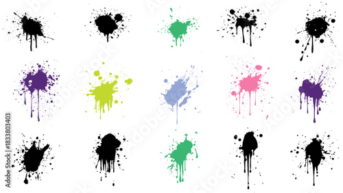 set of silhouette paint drops and splashes. Blotter spots, liquid paint drip drop splash and ink splatter.