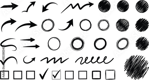 Collection of hand drawn arrows circles checkboxes and scribbles on a white background