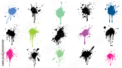 Ink drops and splashes. Blotter spots, liquid paint drip drop splash and ink splatter. Blobs and spatters. Artistic dirty grunge abstract spot vector set. Isolated vector illustration.