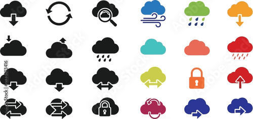 Colorful weather icons depict various conditions including rain sun and clouds