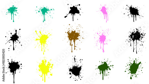 Ink drops and splashes. Blotter spots, liquid paint drip drop splash and ink splatter. Blobs and spatters. Artistic dirty grunge abstract spot vector set. Isolated vector illustration.