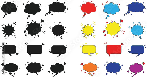 Colorful collection of speech bubbles thought bubbles and explosion graphics