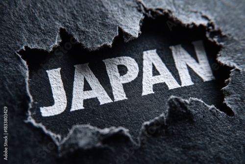 Torn paper revealing the word Japan in bold white letters on a dark textured background, symbolizing cultural exploration and discovery of the nations heritage and beauty