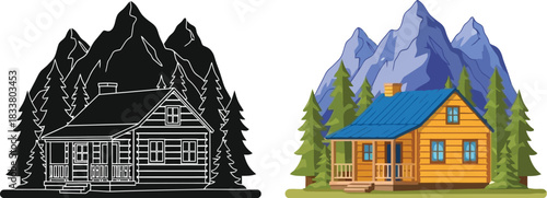 Cozy cabin nestled in majestic mountains color and monochrome versions shown