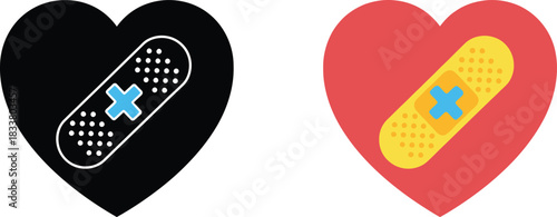 Two hearts with band aids one black one red symbolizing care and healing
