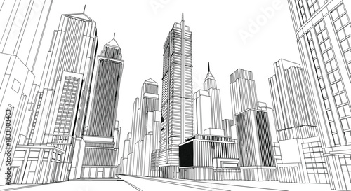Hand-drawn vector line art illustration of a modern city street skyline with multiple tall skyscrapers and contemporary commercial buildings in perspective view architecture