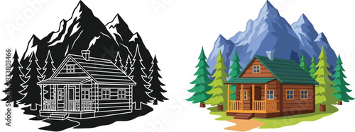 A rustic cabin nestled amongst mountains shown in both color and grayscale