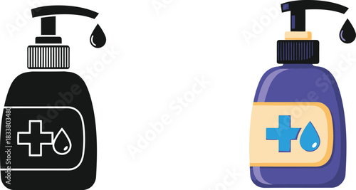 Two hand sanitizer bottle icons one black and one blue with a plus symbol