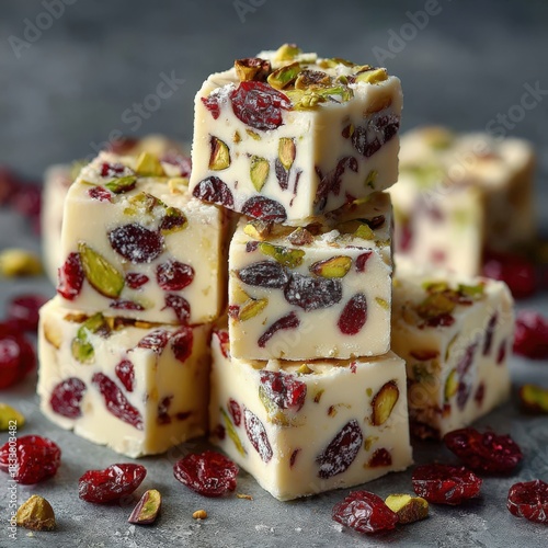 Deliciously crafted fudge squares with cranberries and pistachios stacked on a textured surface, showcasing a delightful treat for dessert lovers and festive occasions