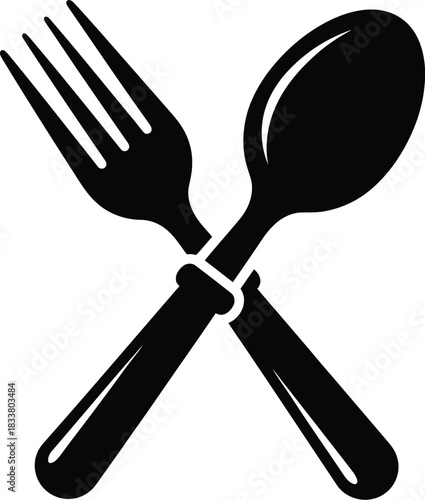Black and white illustration of a crossed fork and spoon dining cutlery