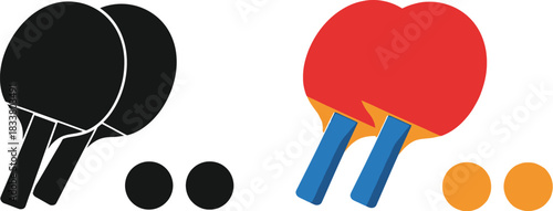 Two pairs of ping pong paddles and balls one black one red