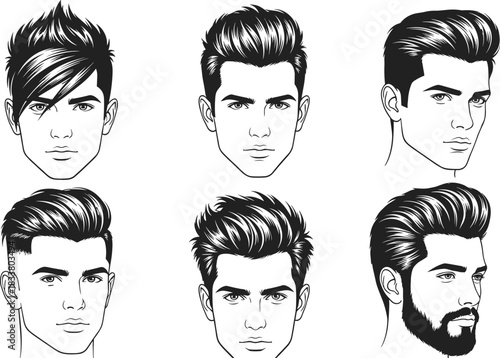 Set of six vector line art illustrations showing various modern men's hairstyles and beard styles, including pompadour, undercut, and messy hair, perfect for barbershop and