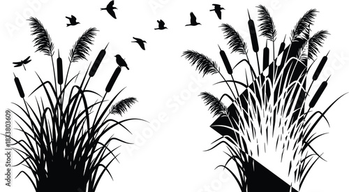 Set of black silhouette illustrations featuring tall cattails and reeds with small birds and a dragonfly flying, depicting a beautiful, tranquil swamp or marsh nature scene