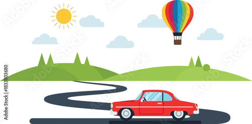 Retro red car travels scenic winding road under hot air balloon and sunny sky with hills and trees isolated on white background