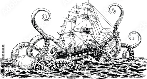 Engraved illustration of a colossal mythological kraken sea monster with massive tentacles rising to destroy a tall-masted pirate ship in a stormy ocean scene