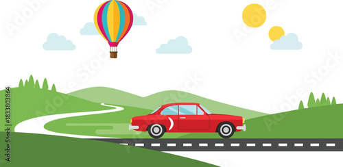 Retro red car drives on scenic highway through green rolling hills under hot air balloon and sunny sky isolated on white background