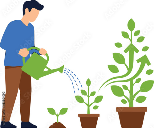 Person tending to growing plants symbolizing business growth investment and agricultural development and success on isolated on white background